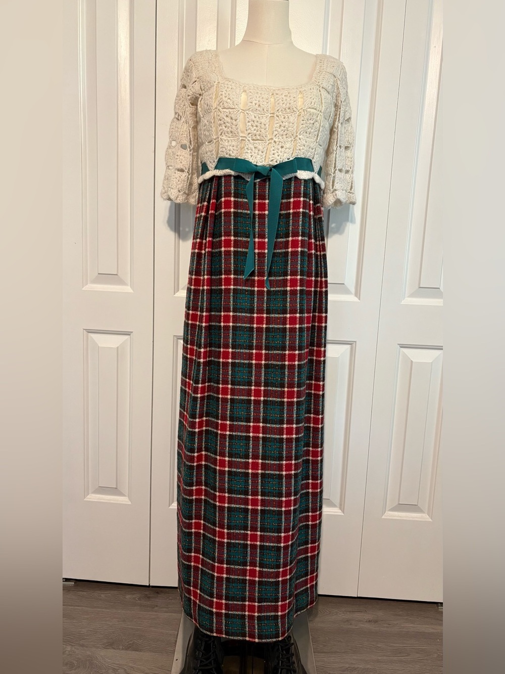 Vintage 1970s Empire Waist Maxi Dress with Crochet Top and Plaid Skirt, EUC